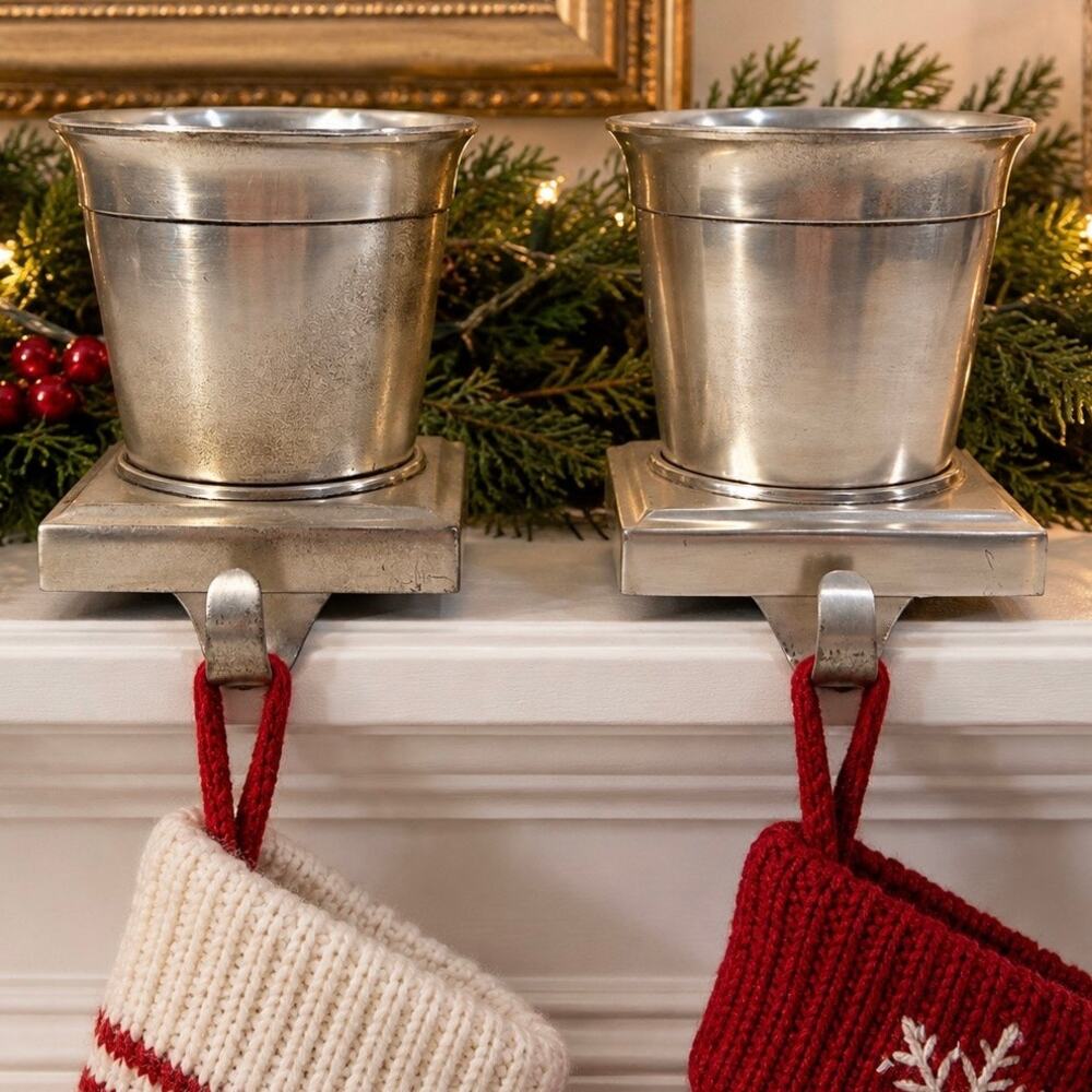 Restoration Hardware Silver Cachepot Holiday Topiary Base Stocking Holder Hook 2